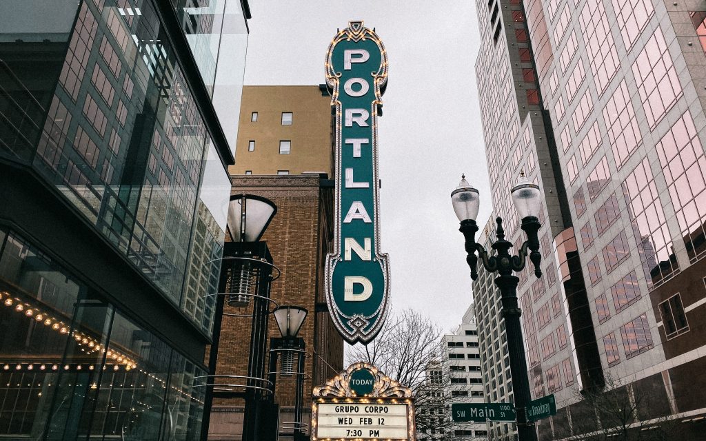 Directions from Portland to Sumner College. Downtown Portland signs.